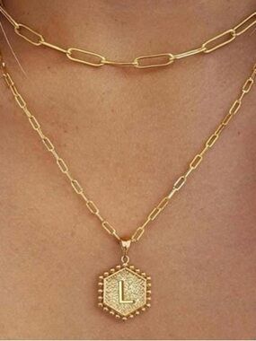 M MOOHAM 18k Gold Plated Dainty Initial 'L' Hexagon Pendant/Chain Necklace Set